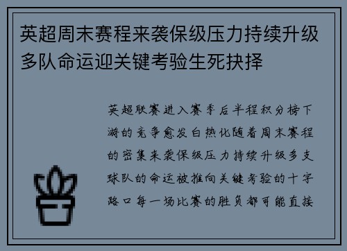 英超周末赛程来袭保级压力持续升级多队命运迎关键考验生死抉择