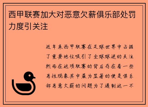 西甲联赛加大对恶意欠薪俱乐部处罚力度引关注 西甲联赛加大对恶意欠薪俱乐部处罚力度引关注